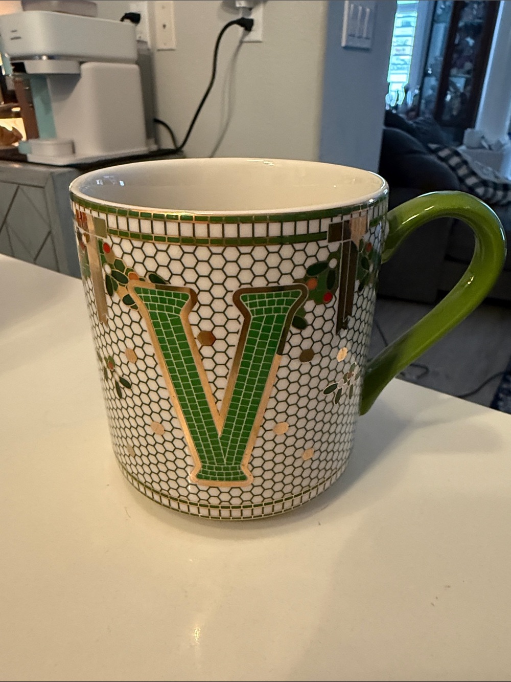Anthropologie Festive Bistro Tile Stoneware Monogram Mug Featuring V Letter.